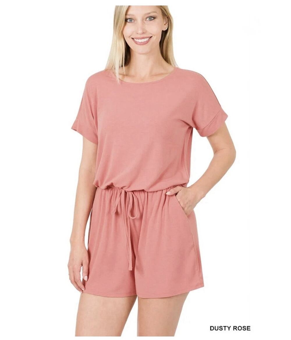 Zenana Romper Brushed w/Pockets Plus Sz Dusty Rose 1x